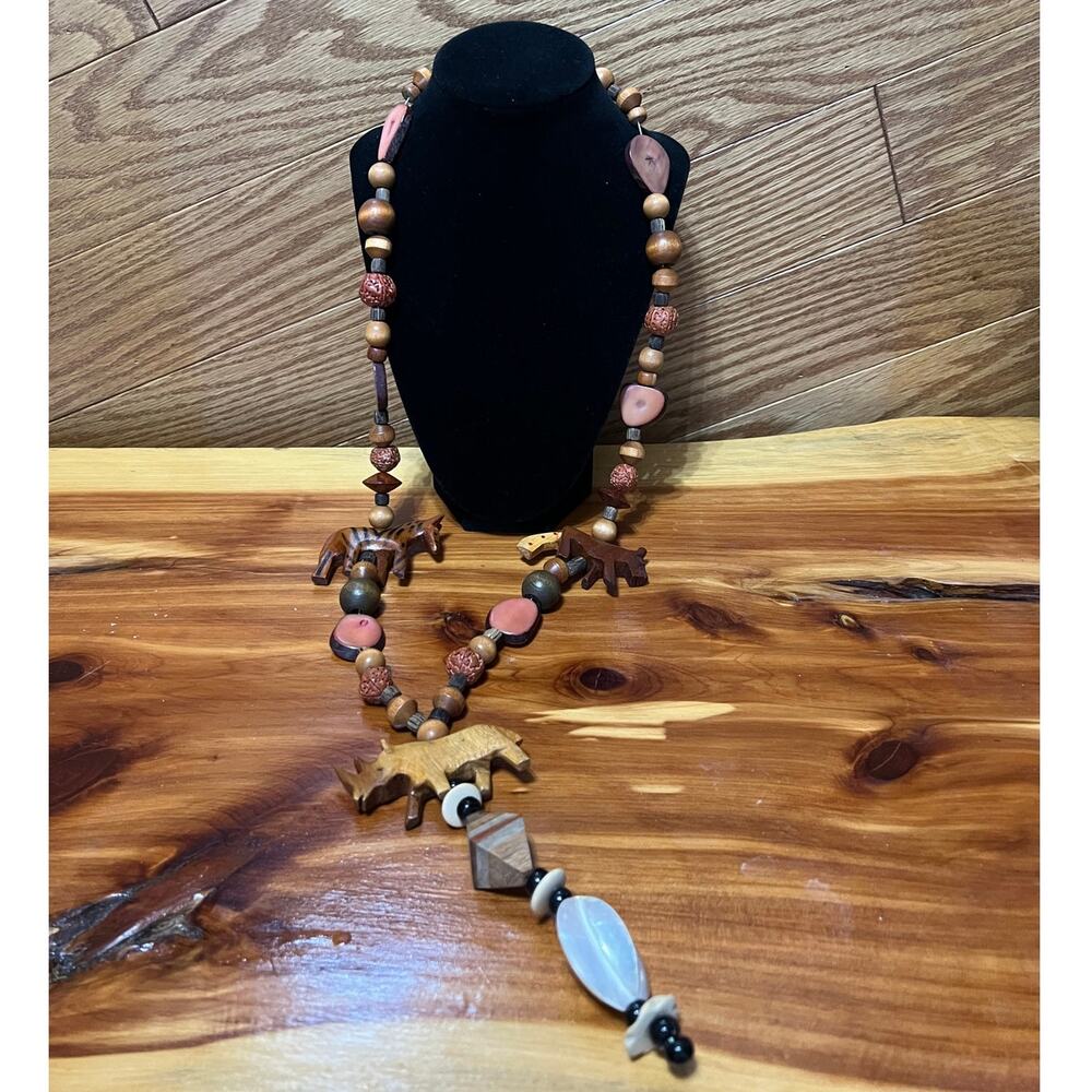 Vintage African Safari Necklace Wooden Carved Animal Beads‎ Zebra Rhino Tribal